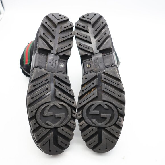 GUCCI Black Leather Signature Webbing Shearling Lined Men UK 9.5 US 10 Combat